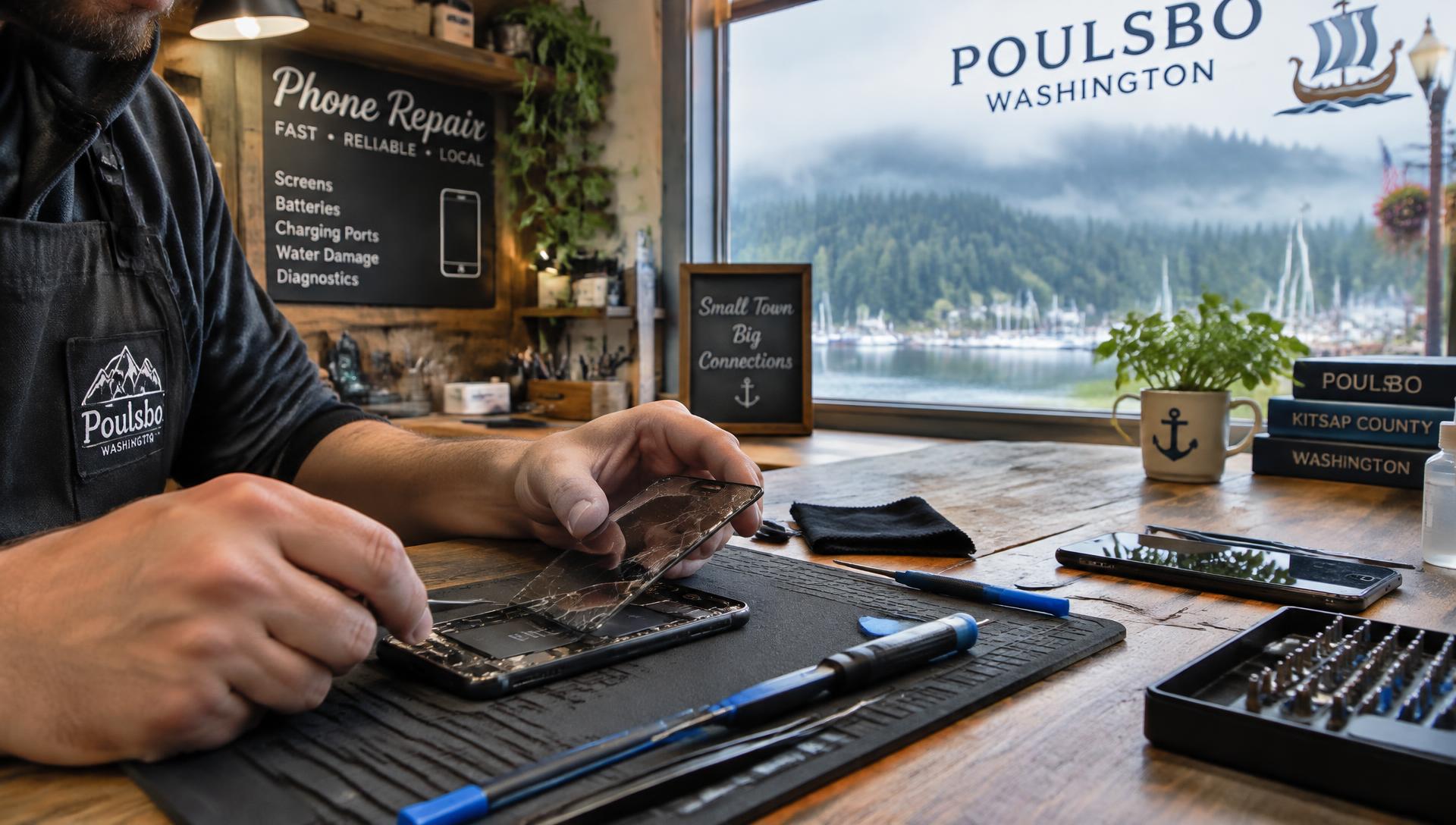 Technician replacing a cracked phone screen at iDope Poulsbo